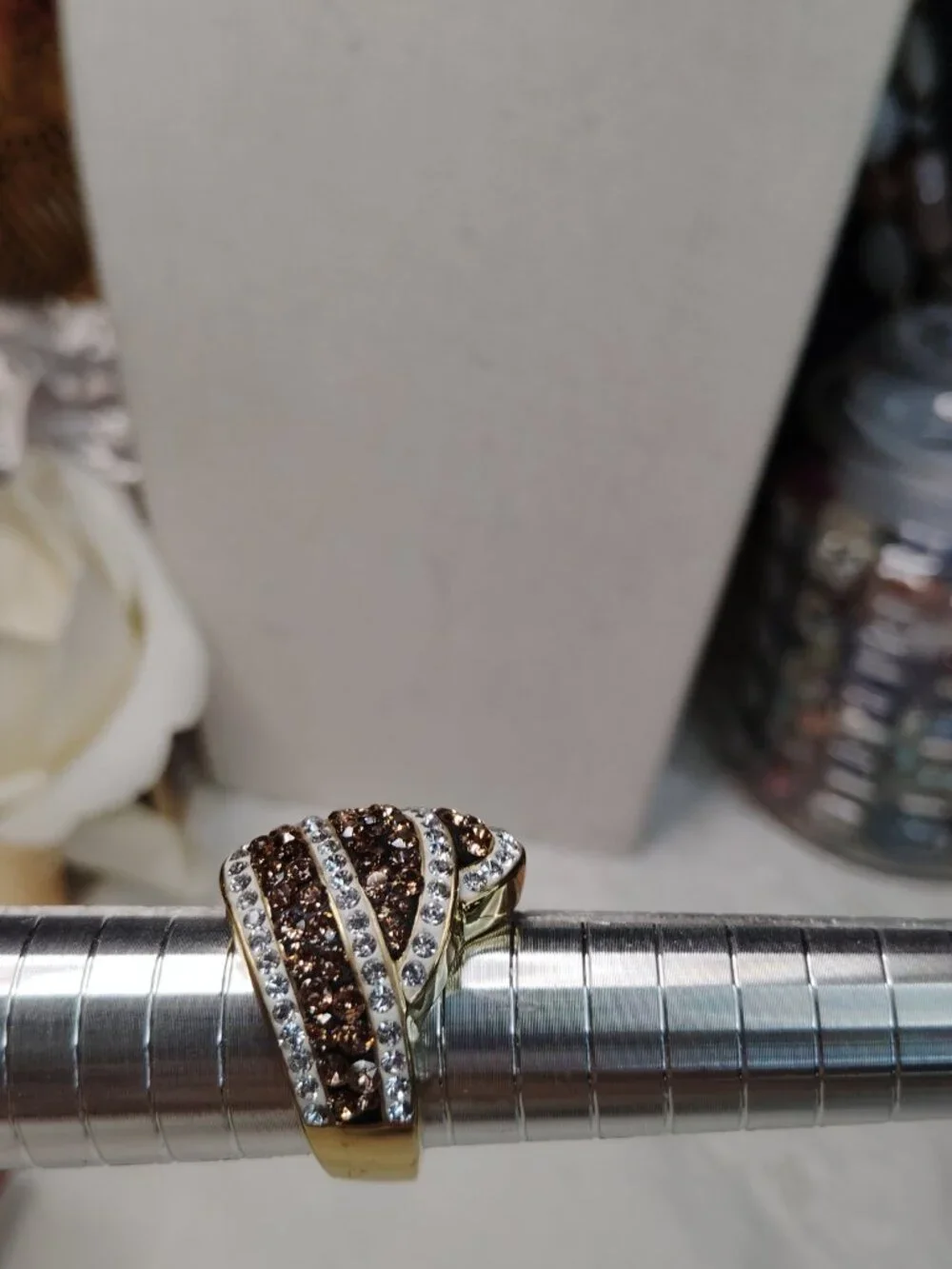 Vintage 8K Gold Electroplated Chocolate Rhinestone Ring • Size 6.5 • NIB
